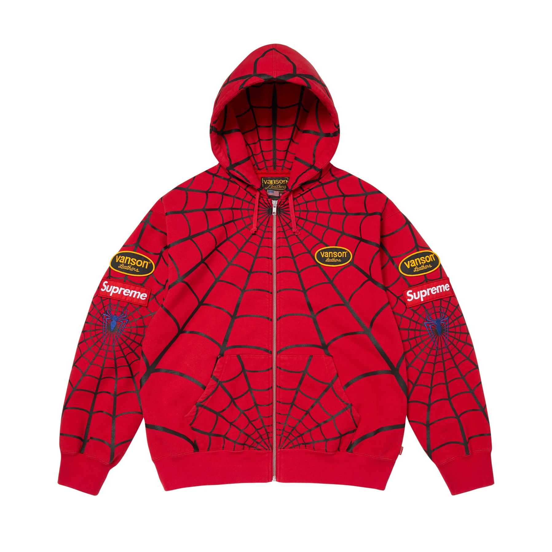 Supreme Vanson Leathers Spider-Man Zip Up Hooded Sweatshirt Red