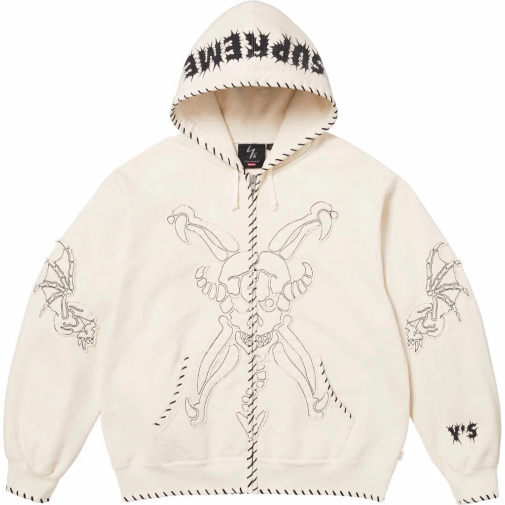 Gothic Skeleton Embroidery Full-Zip Hoodie, Cream White Streetwear Fleece Jacket with Stitch Detail