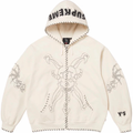 Gothic Skeleton Embroidery Full-Zip Hoodie, Cream White Streetwear Fleece Jacket with Stitch Detail