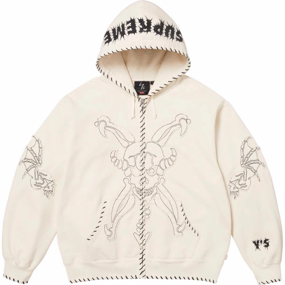 Gothic Skeleton Embroidery Full-Zip Hoodie, Cream White Streetwear Fleece Jacket with Stitch Detail