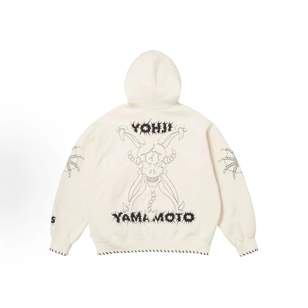 Gothic Skeleton Embroidery Full-Zip Hoodie, Cream White Streetwear Fleece Jacket with Stitch Detail