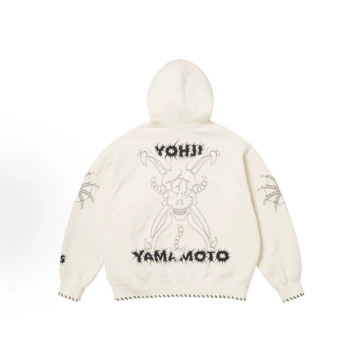 Gothic Skeleton Embroidery Full-Zip Hoodie, Cream White Streetwear Fleece Jacket with Stitch Detail