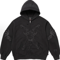 Gothic Skeleton Embroidery Full-Zip Hoodie, Black Streetwear Fleece Jacket with Contrast Stitch Detail