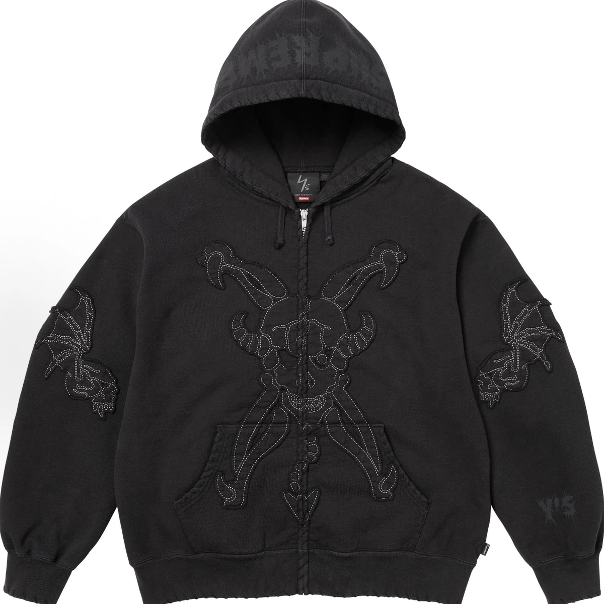 Gothic Skeleton Embroidery Full-Zip Hoodie, Black Streetwear Fleece Jacket with Contrast Stitch Detail