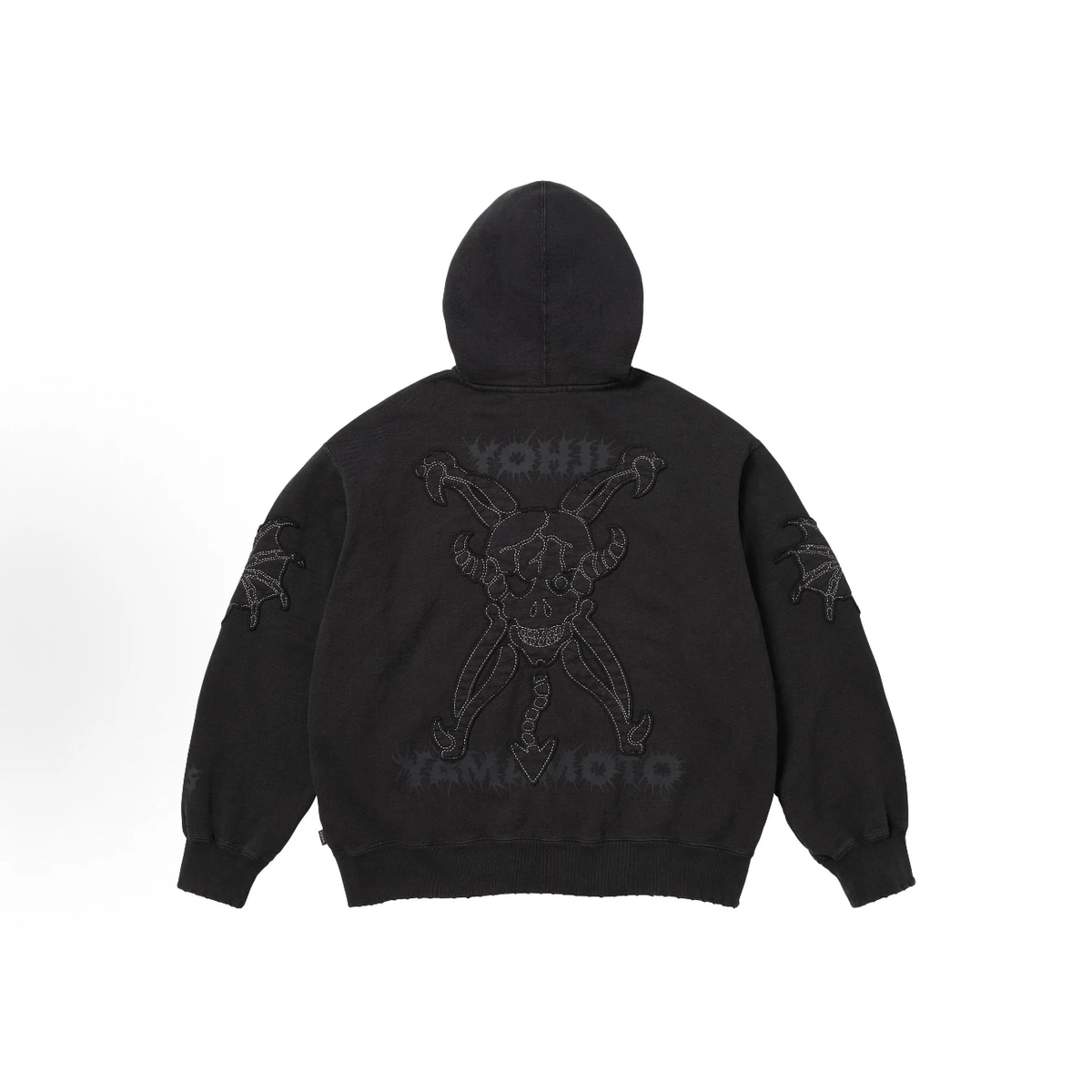 Gothic Skeleton Embroidery Full-Zip Hoodie, Black Streetwear Fleece Jacket with Contrast Stitch Detail