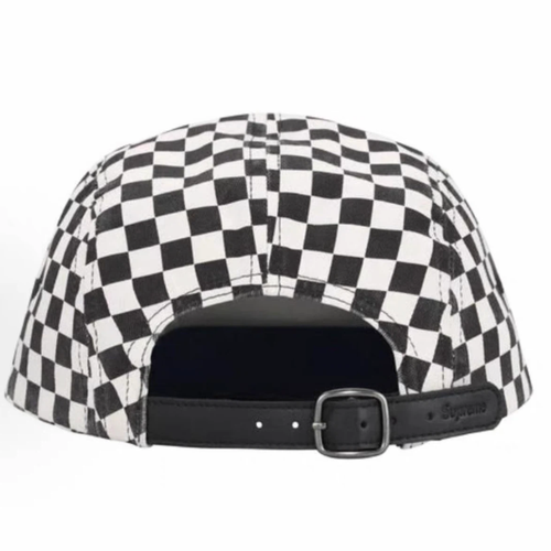 Black and White Checkerboard Print 5 Panel Camp Cap, Streetwear Hat with Leather Strap
