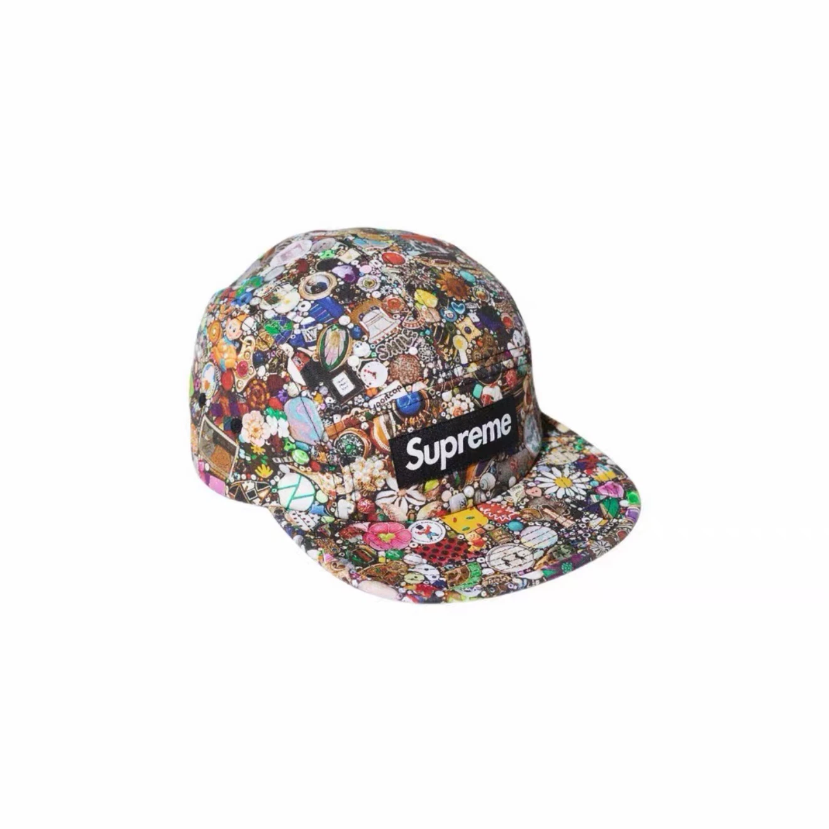 Vintage Toy Collage Print 5 Panel Camp Cap, Multicolor Streetwear Hat with Adjustable Strap