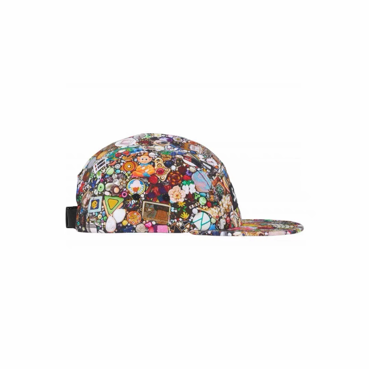 Vintage Toy Collage Print 5 Panel Camp Cap, Multicolor Streetwear Hat with Adjustable Strap